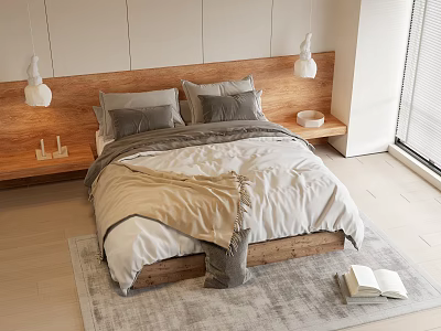 Modern Wooden Double Bed with Gray Beige Bedding Hanging Lamps and Open Book on Rug 3d model
