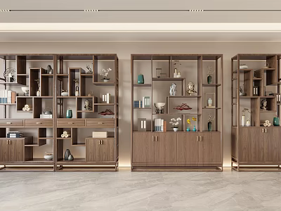 Walnut Wood Decorative Display Shelves With Vases Books And Ornaments In Modern Style 3d model