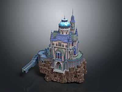 Fantasy Castle On Rocky Platform With Blue Dome Tall Spires And Stone Bridge 3d model