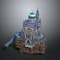 Fantasy Castle On Rocky Platform With Blue Dome Tall Spires And Stone Bridge
