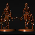 Bronze Warrior Character Statue With Flame Element And Weapon Front Back View Base 3d model