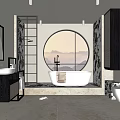 Modern Bathroom Interior Design With Round Window Freestanding Bathtub Vanity And Black Metal Partition