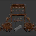 Ancient Medieval Siege Catapult Weapon with Wooden Frame Wheels Chains and Stone Projectile