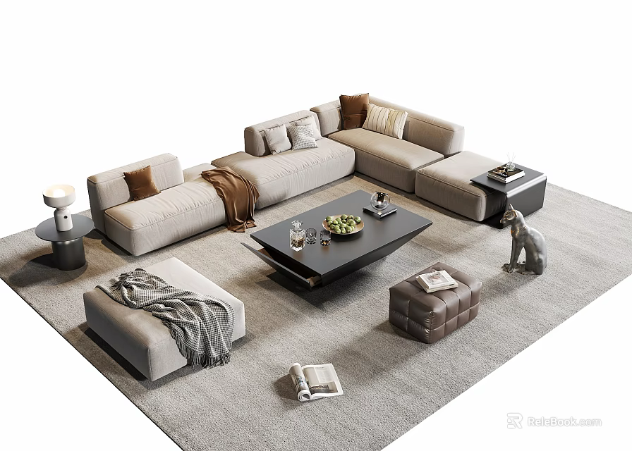 Modern Light Gray Sofa And Coffee Table Set With Pillows Ottoman And Area Rug 3d model 