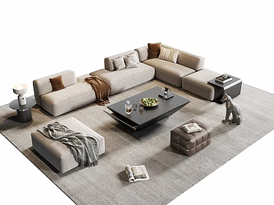 Modern Light Gray Sofa And Coffee Table Set With Pillows Ottoman And Area Rug 3d model