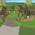 Outdoor Children's Adventure Playground With Wooden Climbing Frames Slides Barrels And Stumps