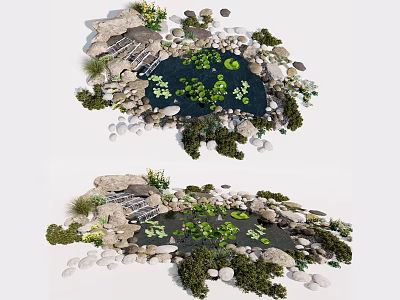 Garden Ornament Design Featuring Small Pond Water Lily Pads Decorative Stones and Greenery 3d model