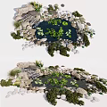Garden Ornament Design Featuring Small Pond Water Lily Pads Decorative Stones and Greenery