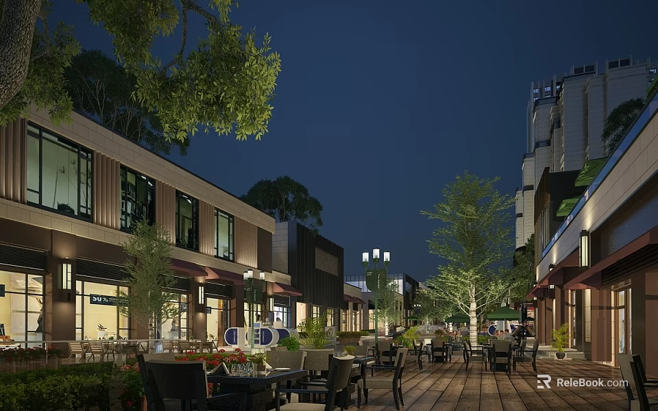 Night View Of Commercial Street With Outdoor Seating Trees And Lighting 3d model 