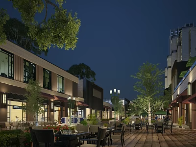 Night View Of Commercial Street With Outdoor Seating Trees And Lighting 3d model