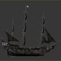 Pirate Sailing Ship With Black Sails Wooden Hull And Skull Flag