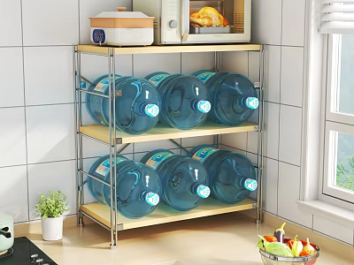 Kitchen 3 Tier Storage Shelf With Metal Frame Wooden Shelves Microwave And Blue Water Bottles 3d model