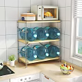 Kitchen 3 Tier Storage Shelf With Metal Frame Wooden Shelves Microwave And Blue Water Bottles