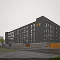 Modern Multi story Industrial Factory With Glass Curtain Wall Green Trees Road And Forklift