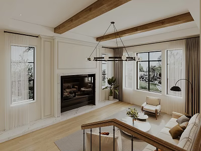 Modern Living Room Interior With Wooden Beam Ceiling Fireplace And Floor To Ceiling Windows 3d model