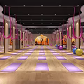 Yoga Fitness Studio With Purple Mats Aerial Hammocks And Yoga Balls