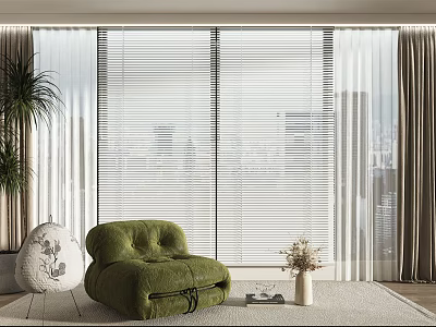 Modern Blinds in Living Room with Green Chair Plants and City View 3d model
