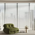 Modern Blinds in Living Room with Green Chair Plants and City View