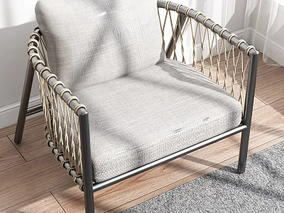 Stylish Accent Chair With Gray Cushion Black Metal Frame And Woven Rope Armrests 3d model