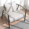 Stylish Accent Chair With Gray Cushion Black Metal Frame And Woven Rope Armrests