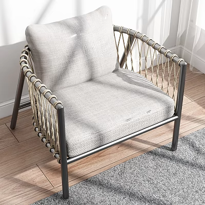 Stylish Accent Chair With Gray Cushion Black Metal Frame And Woven Rope Armrests 3d model