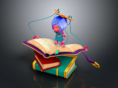 Colorful Everyday Book Stack with Open Book and Decorative Design Elements 3d model