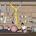 Fitness Equipment in Home Gym Featuring Yoga Mat Ball Hanging Straps Exercise Bike and Shelves