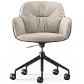 Light Gray Fabric Accent Chair With Brown Leather Armrests And Black Metal Base Wheels
