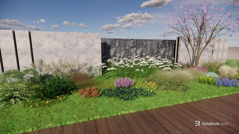 Vibrant Garden With Colorful Flowers Green Lawn Stone Wall Pink Blossom Tree And Wooden Deck 3d model 