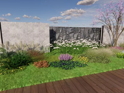 Vibrant Garden With Colorful Flowers Green Lawn Stone Wall Pink Blossom Tree And Wooden Deck 3d model