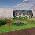 Vibrant Garden With Colorful Flowers Green Lawn Stone Wall Pink Blossom Tree And Wooden Deck