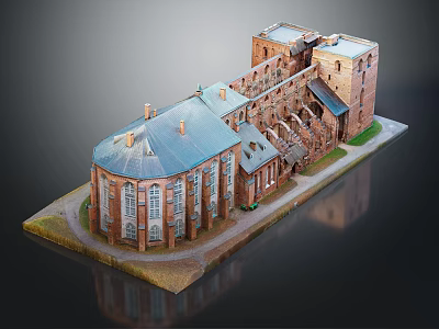 Ancient Architecture Model Featuring Red Brick Structure Green Roof and Arched Windows Design 3d model