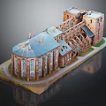 Ancient Architecture Model Featuring Red Brick Structure Green Roof and Arched Windows Design 3d model