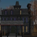 Ancient Building With Tower Structure Multiple Illuminated Windows And Surrounding Trees At Dusk