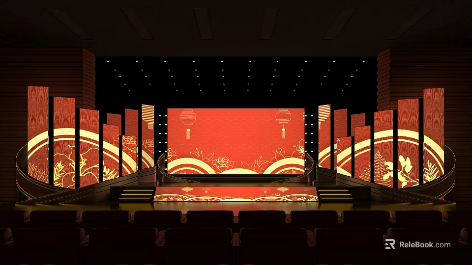 Traditional Chinese Stage Design With Red Backdrop Lanterns And Golden Patterns 3d model 
