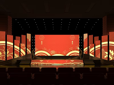 Traditional Chinese Stage Design With Red Backdrop Lanterns And Golden Patterns 3d model