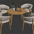 Modern Round Wooden Dining Table Set with Four Light Gray Upholstered Chairs Vase Plants Decor