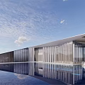 Modern Sales Office Building With Sloped Roof Vertical Glass Slats Circular Garden Outdoor Seating