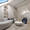 Modern Attic Entertainment Room With Skylight Bookshelves Sofa And Round Coffee Table