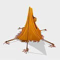 Orange Camping Tent With Door Rolled Blanket Small Kettle Pegs And Ropes On Leafy Ground