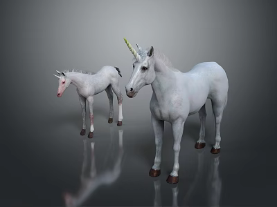 White Unicorn Figures Featuring Adult And Baby Size On Gray Background With Reflection 3d model