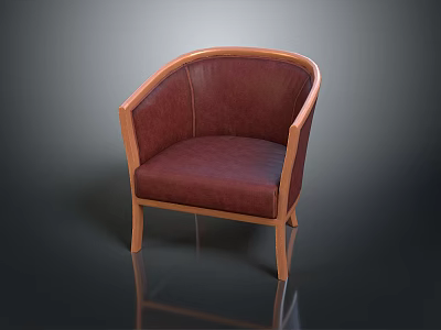 Burgundy Leather Single Chair With Wooden Frame And Curved Armrest Design 3d model