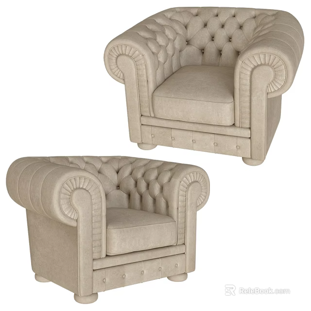 Classic Beige Single Sofa Featuring Tufted Back Rolled Arms and Stitched Details 3d model