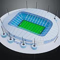 Modern Football Stadium With Circular Stands Green Pitch White Roof And Lighting Poles