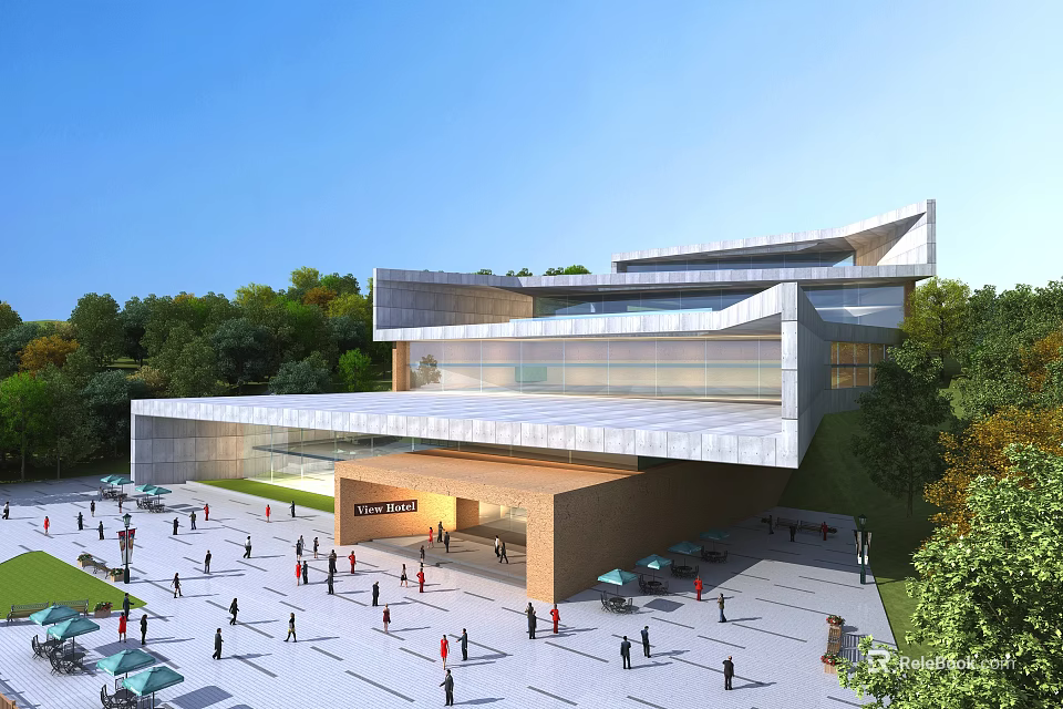 Modern Architectural Building With Glass Curtain Walls And Open Plaza With People 3d model 