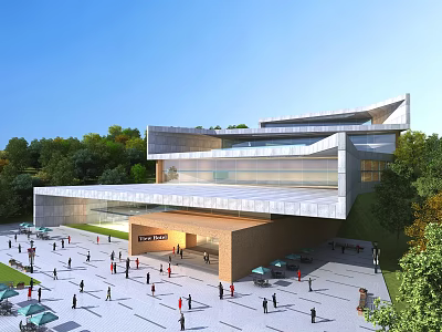 Modern Architectural Building With Glass Curtain Walls And Open Plaza With People 3d model
