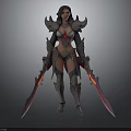 Fantasy Woman Warrior In Ornate Armor Holding Two Red Glowing Swords