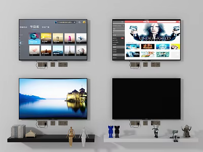 Wall Mounted Televisions Displaying Various Content Menu Movie Poster Scenery And Black With Shelves Below 3d model