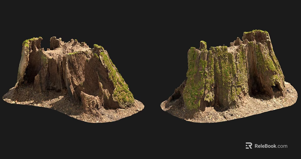 Natural Stone and Wood Stumps with Moss Covered Surfaces and Earthy Textures 3d model 