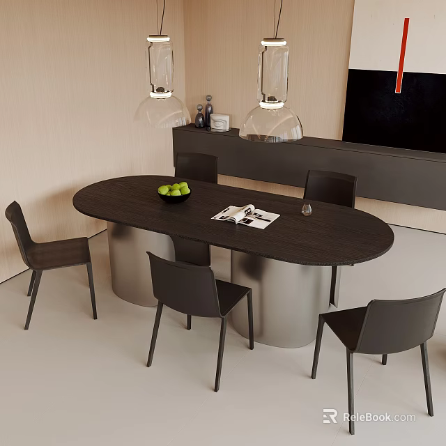 Modern Dining Table Set With Oval Table Black Chairs Pendant Lights And Fruit Bowl 3d model 